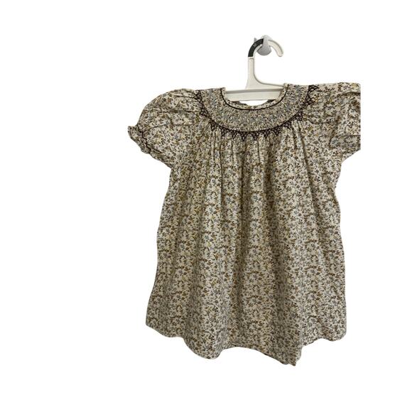 The Plantation Shop Girls 1T Brown Blue Yellow Floral Short Sleeve Smocked Dress - Picture 6 of 9